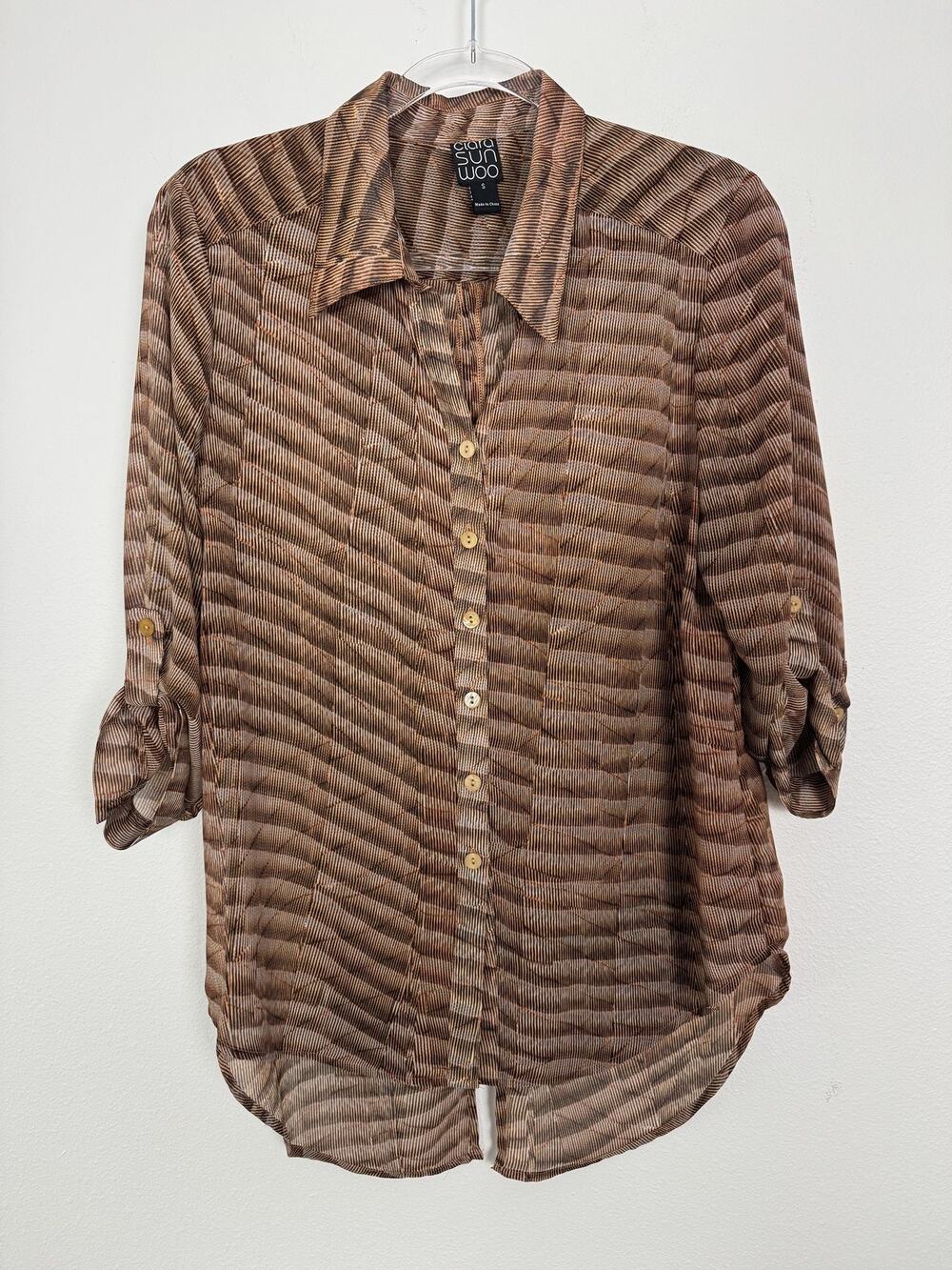 Clara Sun Woo Sheer Tunic Shirt Womens Small Earthy Brown Roll Tab Sleeve Top